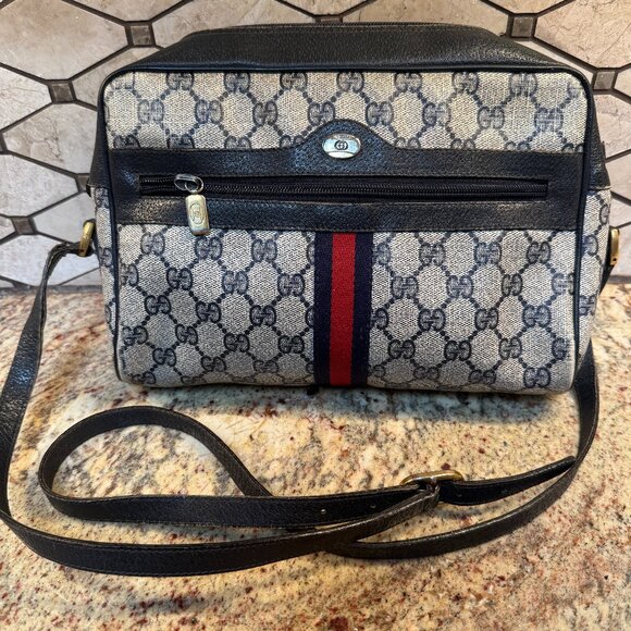 VINTAGE - GUCCI/Blue Web GG Crossbody Bag w Dust Bag (Accessory Collection) - Picture 1 of 10